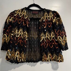 Scandals Vintage Black & Gold Sequin Jacket – Open Front – Statement Piece